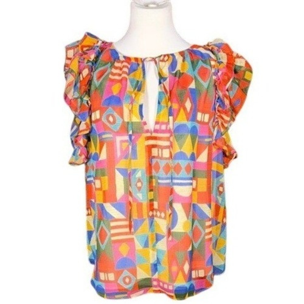 Antonio Melani‎ Meadow Ruffle Top Colorful Fiesta Geometric Print XL 91519BL0523